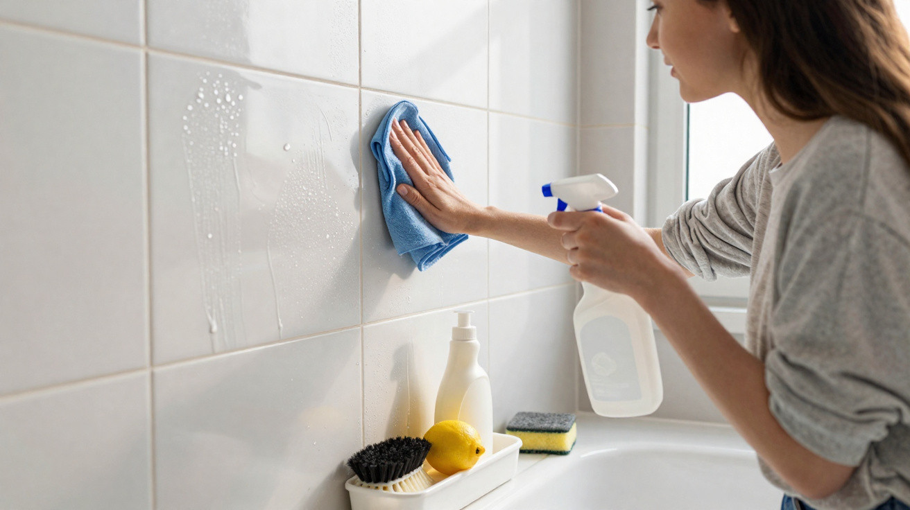 Mulher limpando azulejos brancos do banheiro com pano azul e borrifador branco.