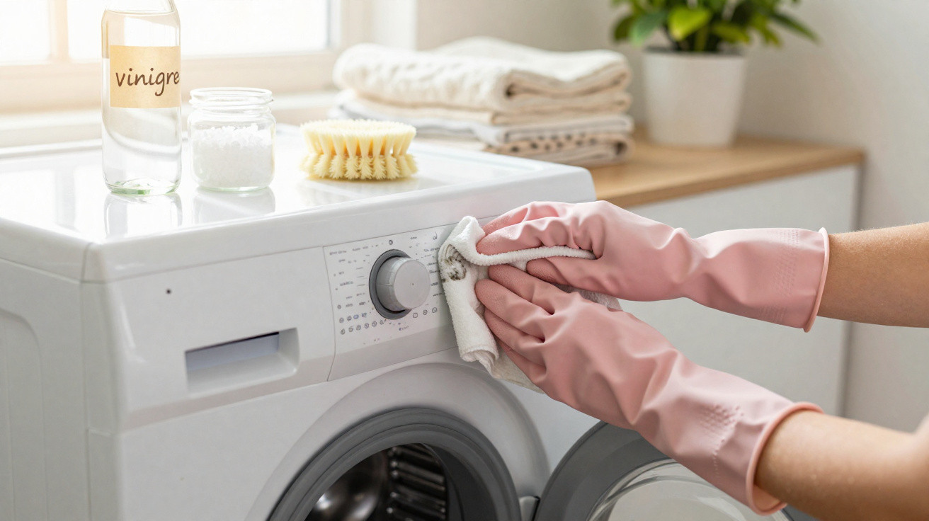 Pessoa com luvas rosas limpando máquina de lavar roupa com pano em ambiente claro e organizado.