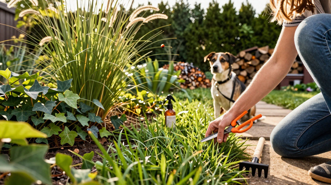 Pessoa cuidando do jardim com tesoura e regador, com cachorro sentado ao fundo em área gramada.