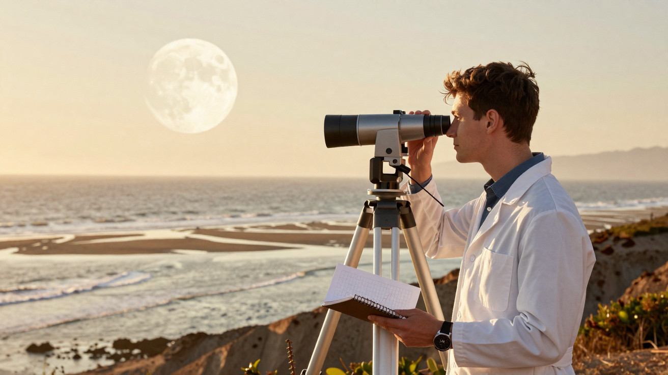 Homem com jaleco branco observa a lua com telescópio na beira da praia ao pôr do sol.