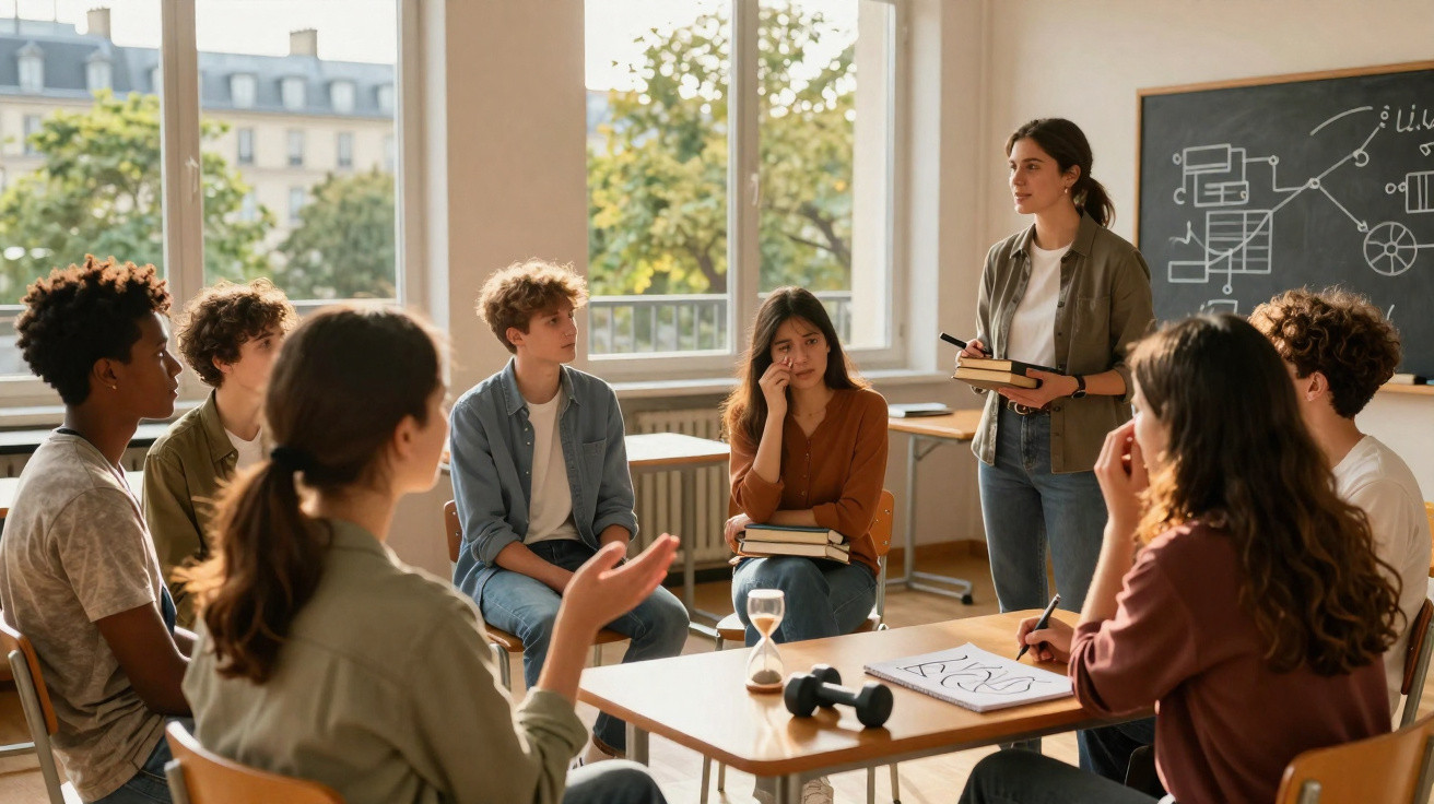 Jovens em roda participando de discussão em sala com quadro e livros, em ambiente iluminado por luz natural.