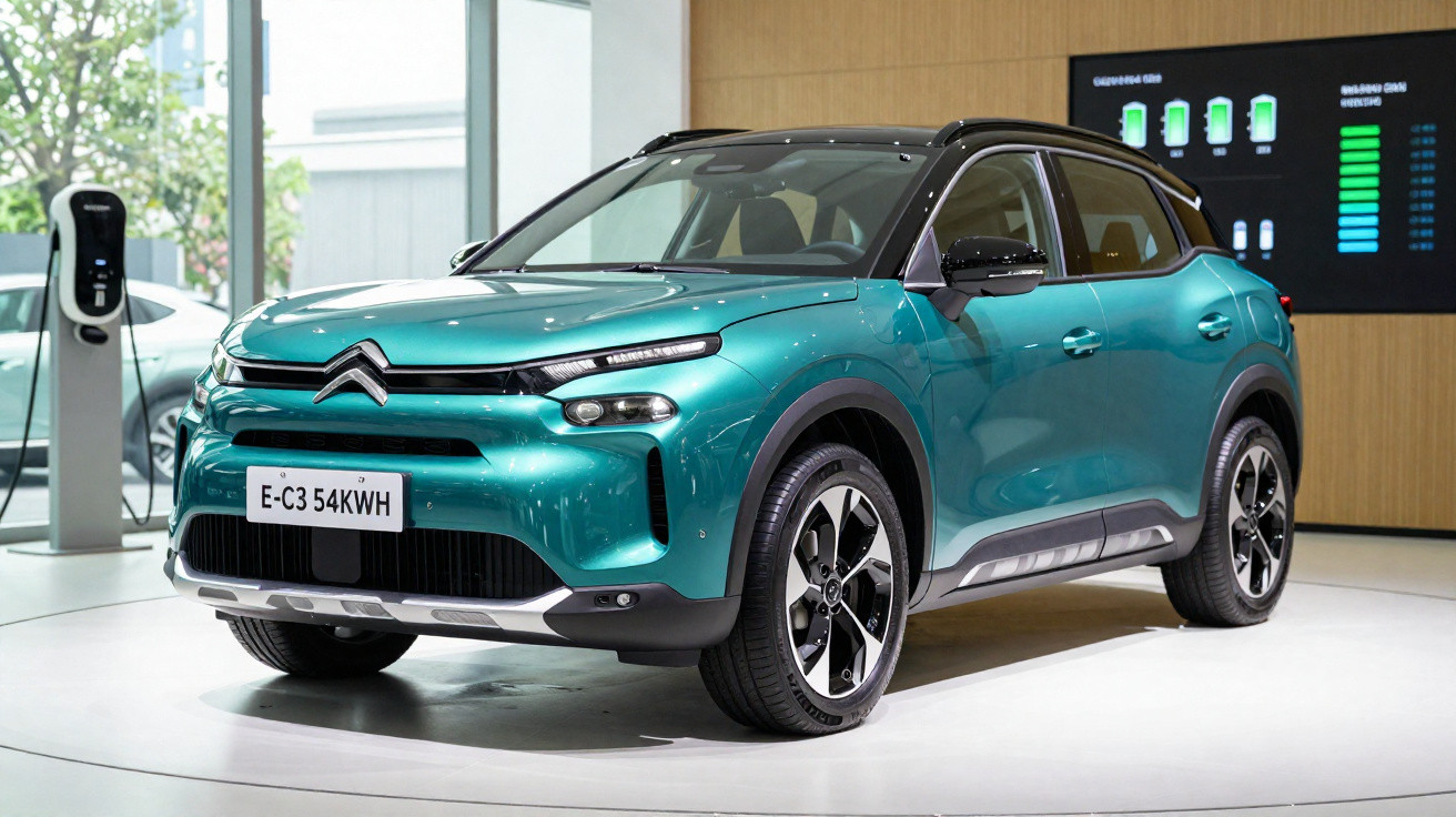 Carro elétrico Citroën E-C3 verde em exposição interna com carregador ao fundo e painel informativo.