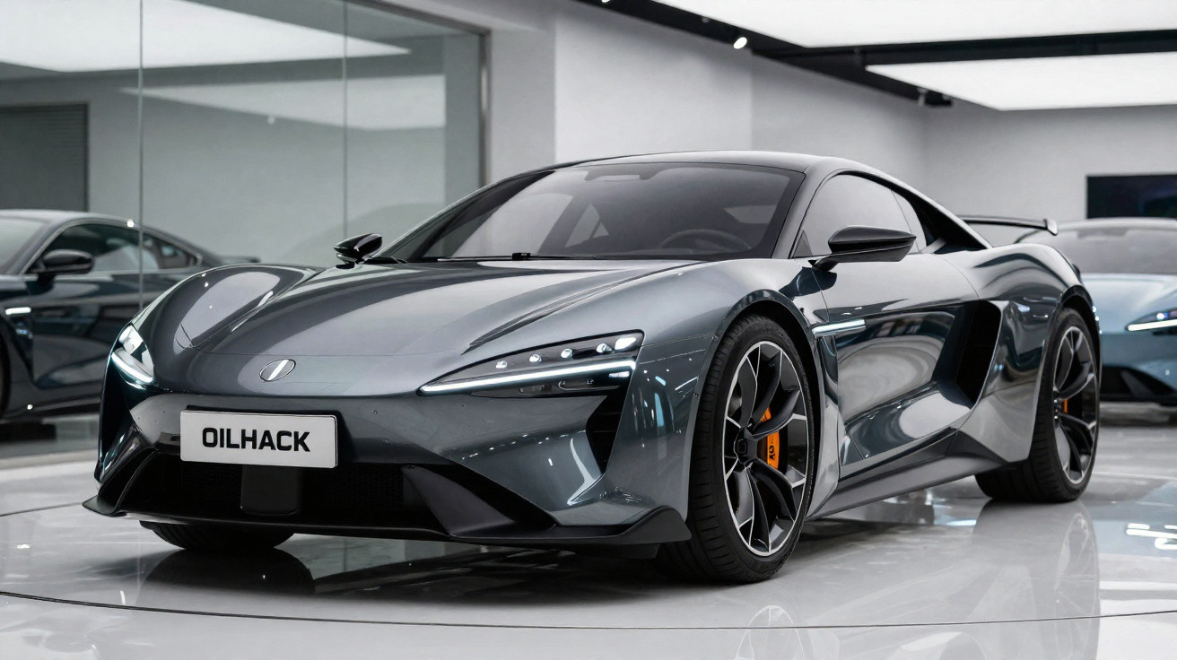 Carro esportivo cinza metálico com design aerodinâmico exibido em showroom moderno.