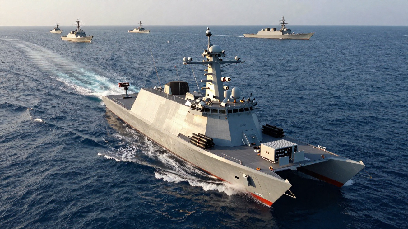 Navios de guerra modernos em mar aberto em formação, com um navio catamarã em destaque à frente.