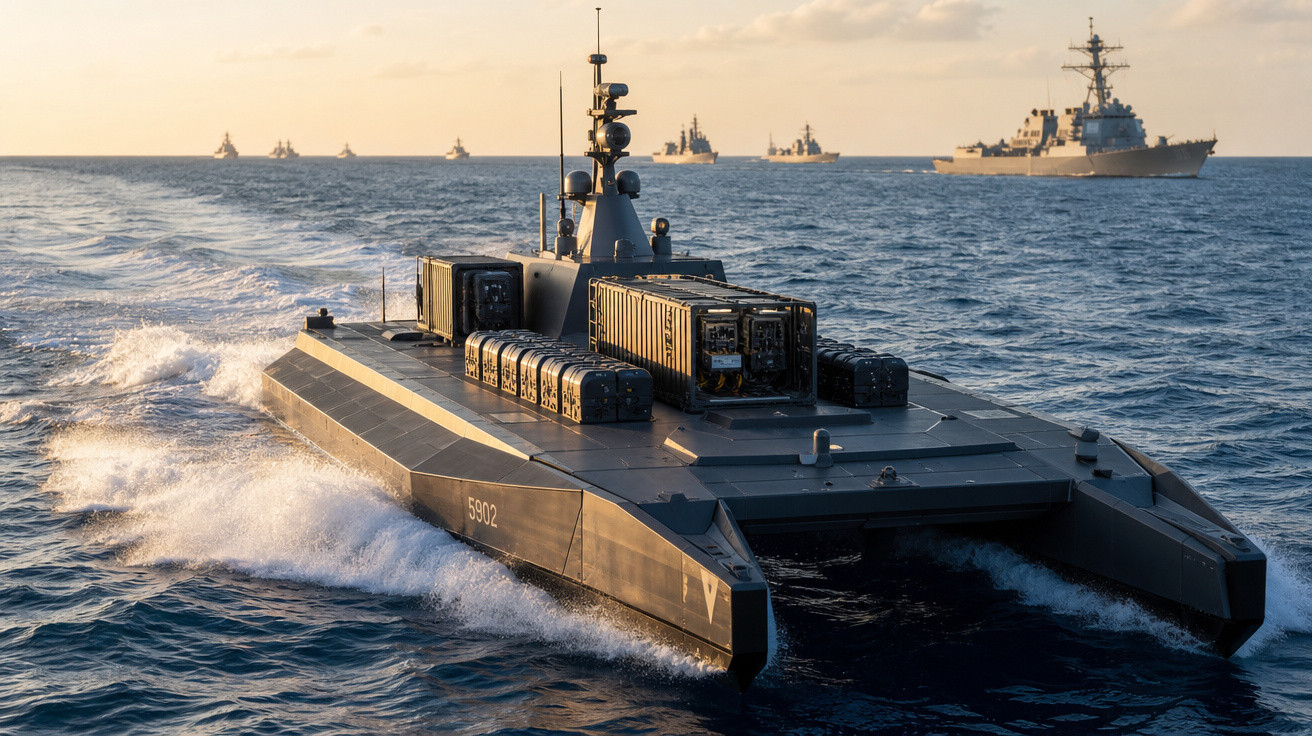 Barco militar autônomo em mar aberto com frota de navios de guerra ao fundo no pôr do sol.