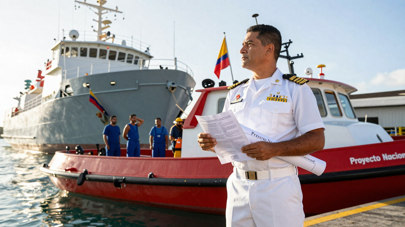 Homem fardado em branco com documentos, barco vermelho e tripulantes em navio ao fundo em porto.