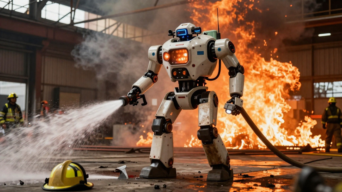 Robô bombeiro usando mangueira para apagar fogo intenso dentro de galpão industrial com bombeiros ao fundo.