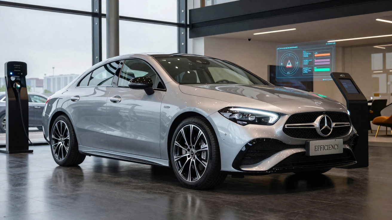 Carro Mercedes-Benz prata exposto em showroom moderno com iluminação natural e tecnologia ao fundo.