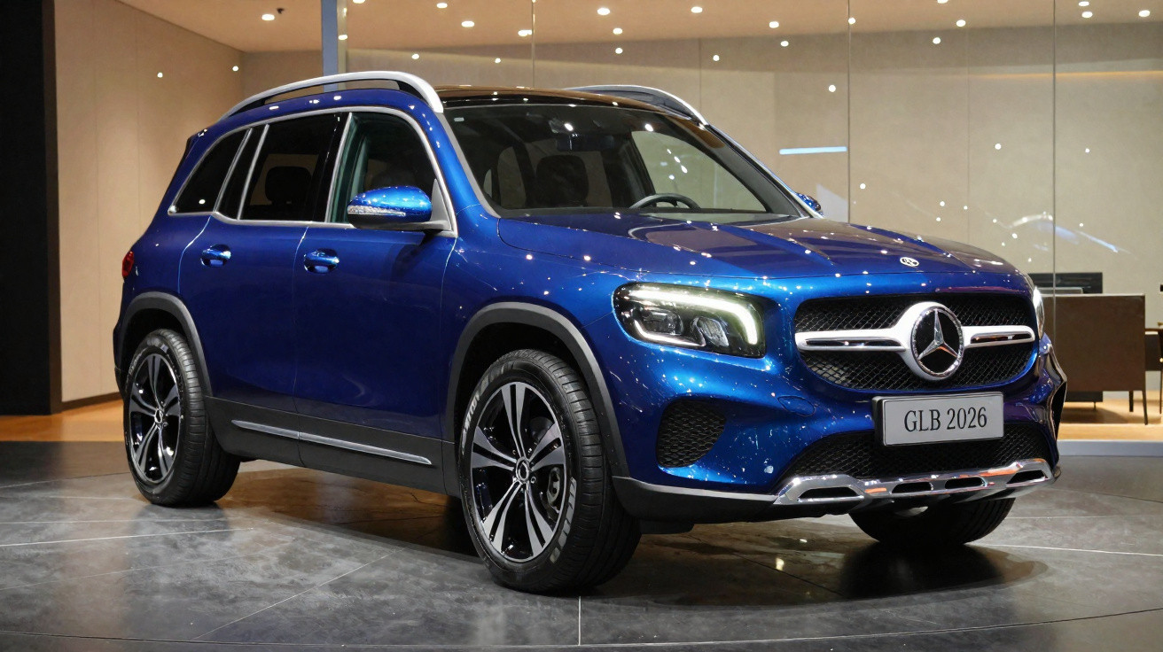 Carro SUV Mercedes-Benz GLB 2026 azul metálico estacionado em ambiente interno iluminado.