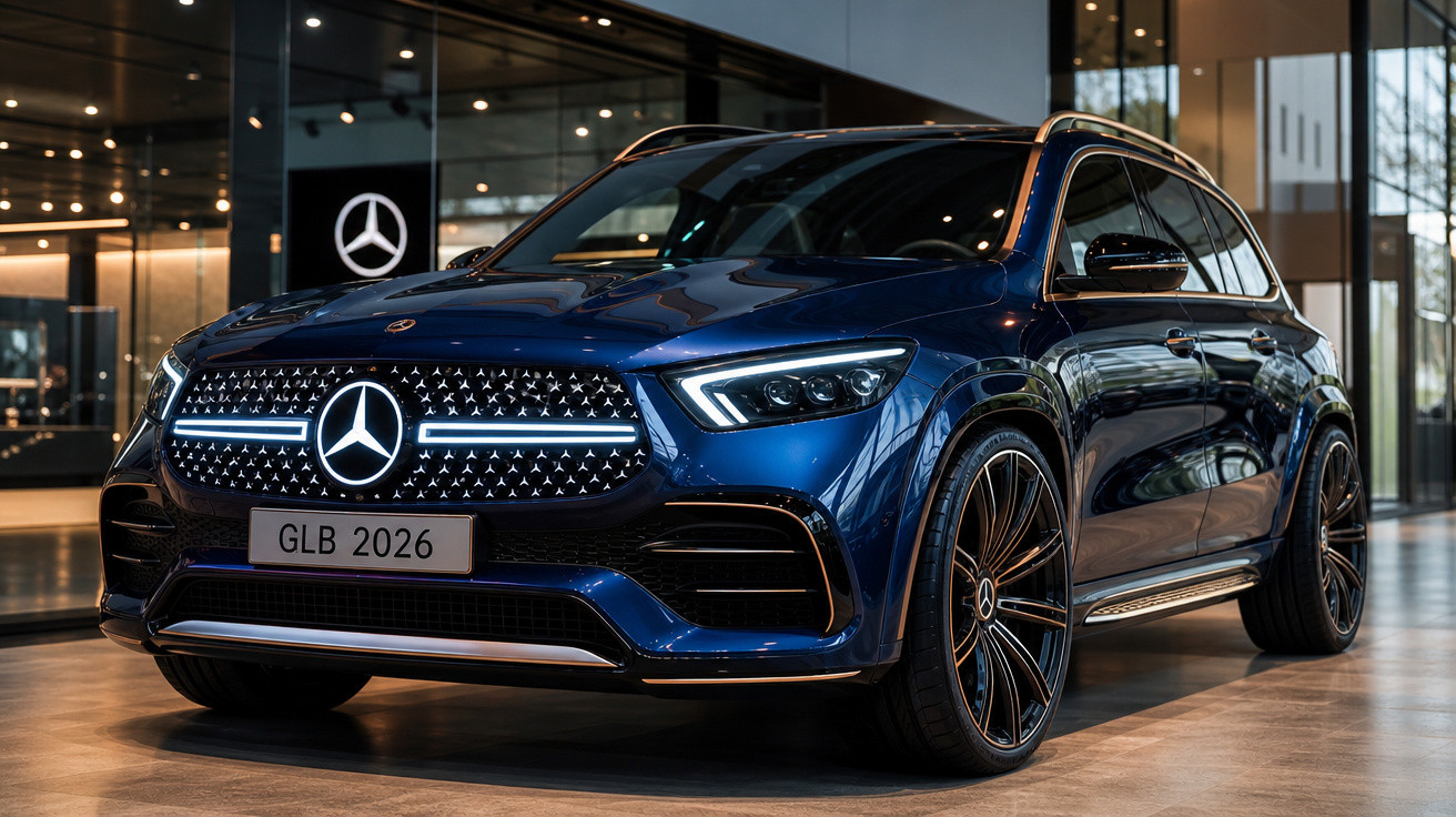 SUV Mercedes-Benz GLB 2026 azul metálico exibido em showroom moderno com iluminação ambiente.