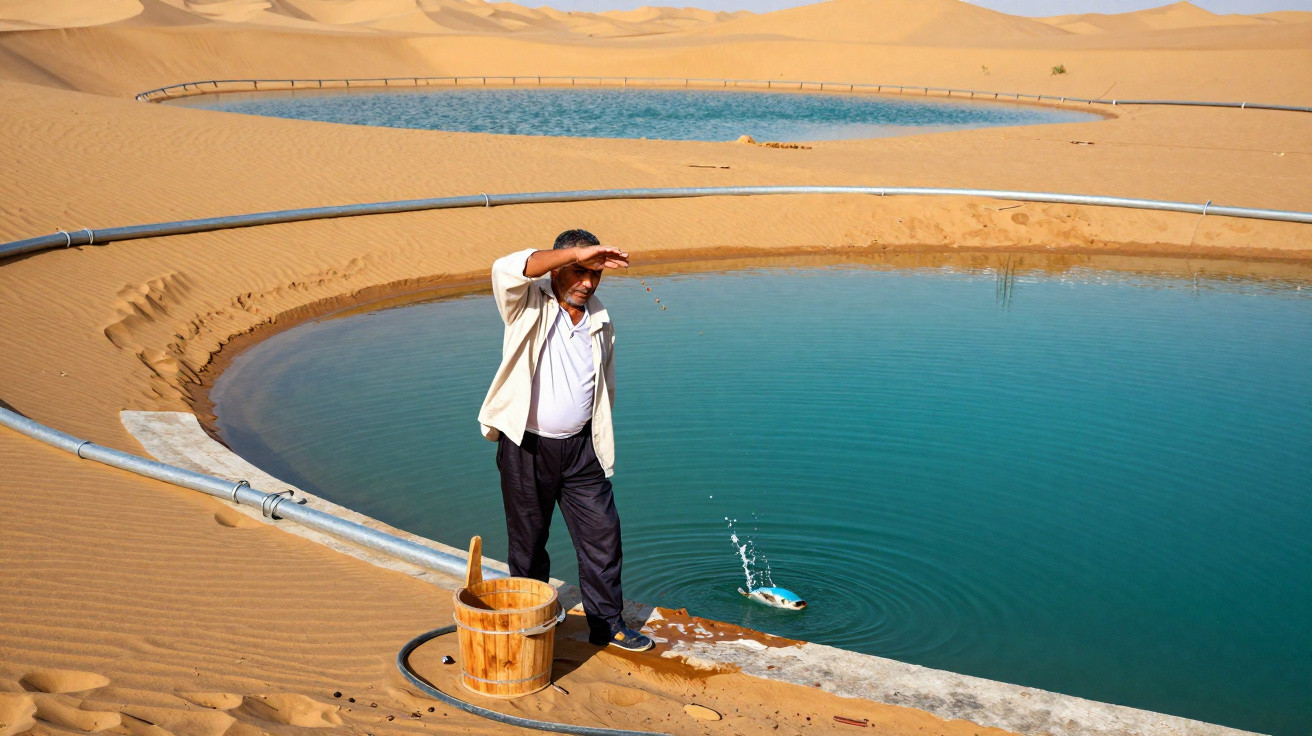 Homem observa tanques circulares de água em meio a dunas de areia no deserto.