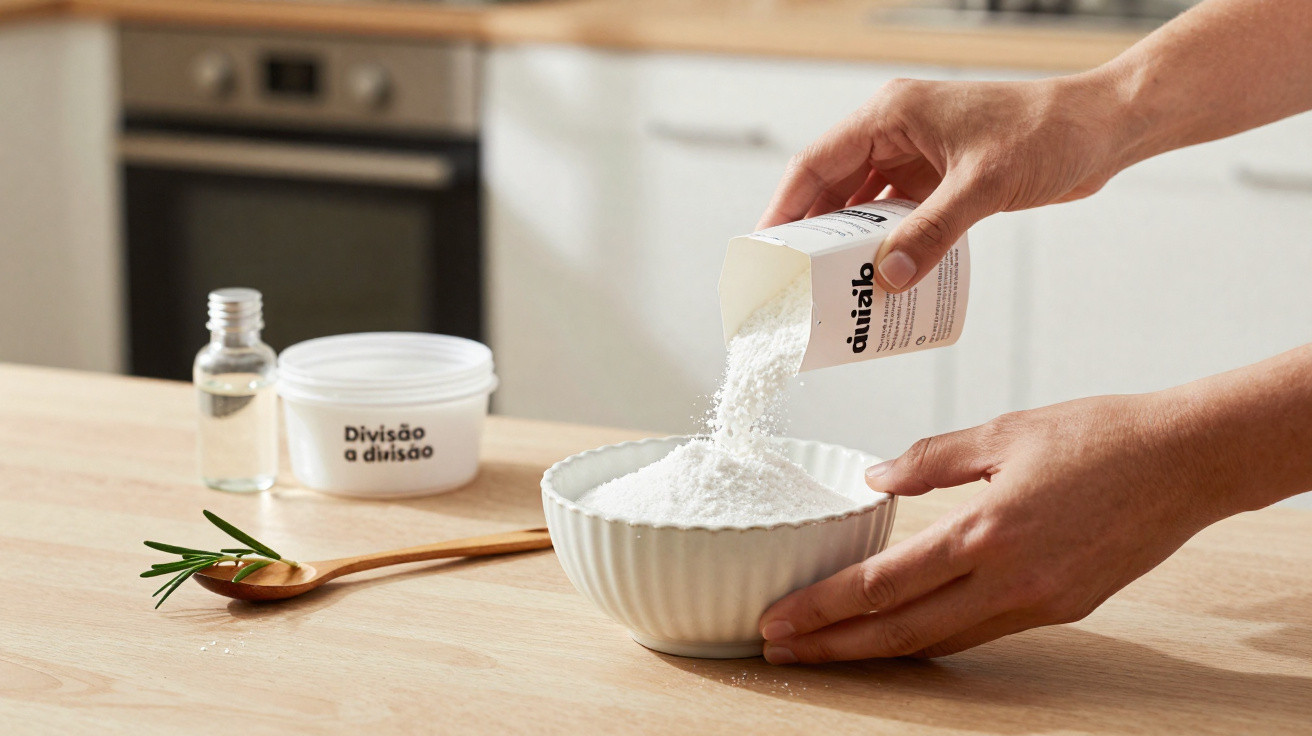 Pessoa despejando pó branco em tigela branca sobre mesa de madeira em cozinha.