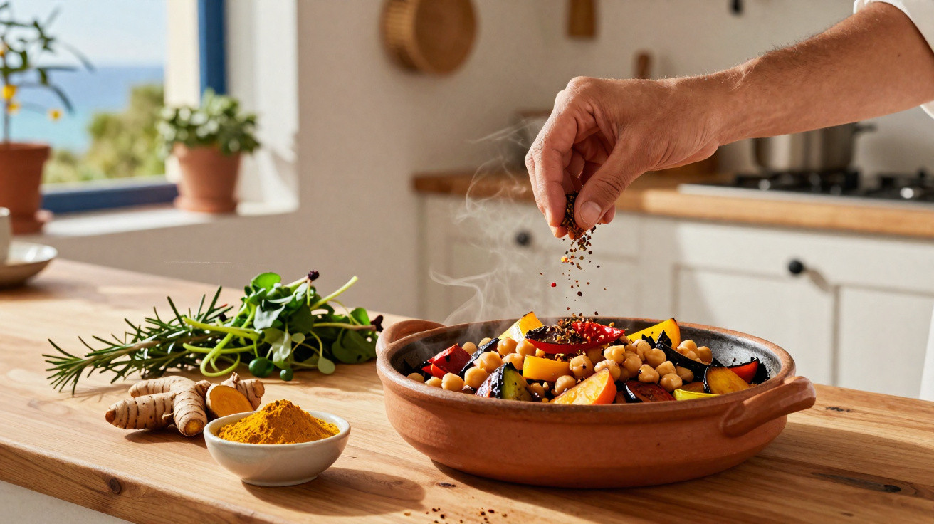 Mão temperando salada de grão-de-bico com legumes em tigela de barro em cozinha iluminada.