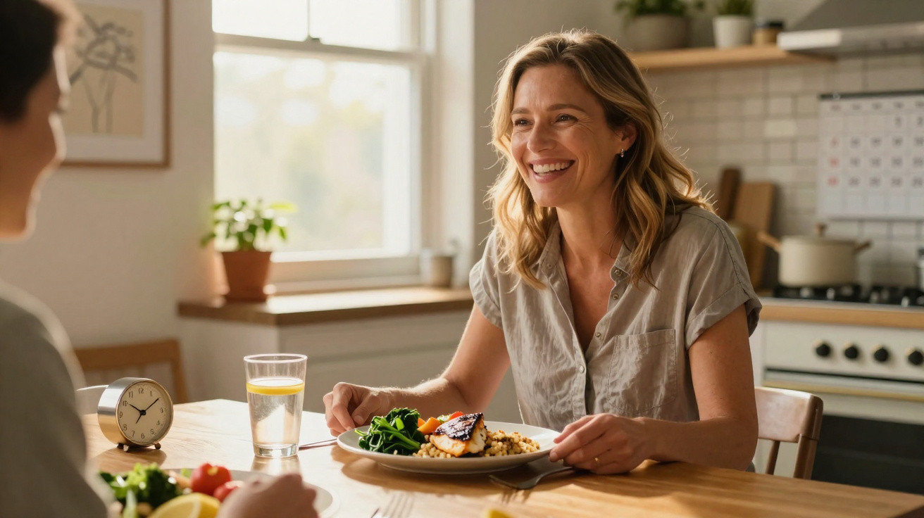 Mulher sorridente almoçando com outra pessoa em cozinha clara e aconchegante.