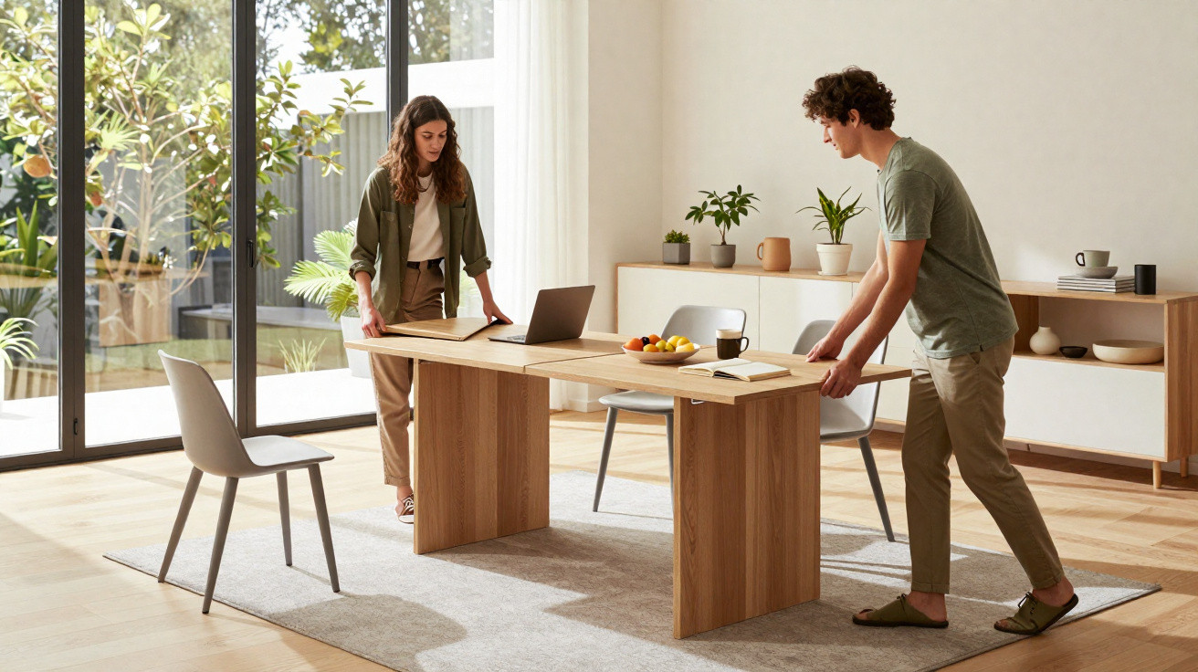 Casal organizando mesa de madeira em sala iluminada com plantas e livros, próximo à porta de vidro.