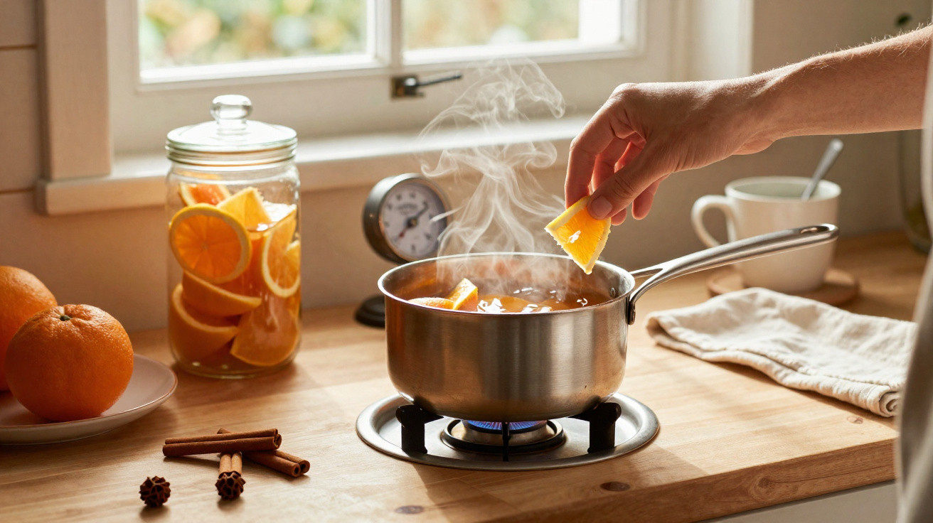 Mãos adicionando fatia de laranja em panela com bebida quente e especiarias em cozinha iluminada natural.