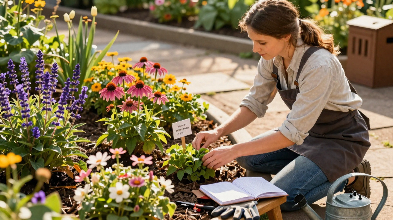 Mulher cuidando de plantas e flores coloridas em canteiro de jardim ensolarado, com regador e caderno.
