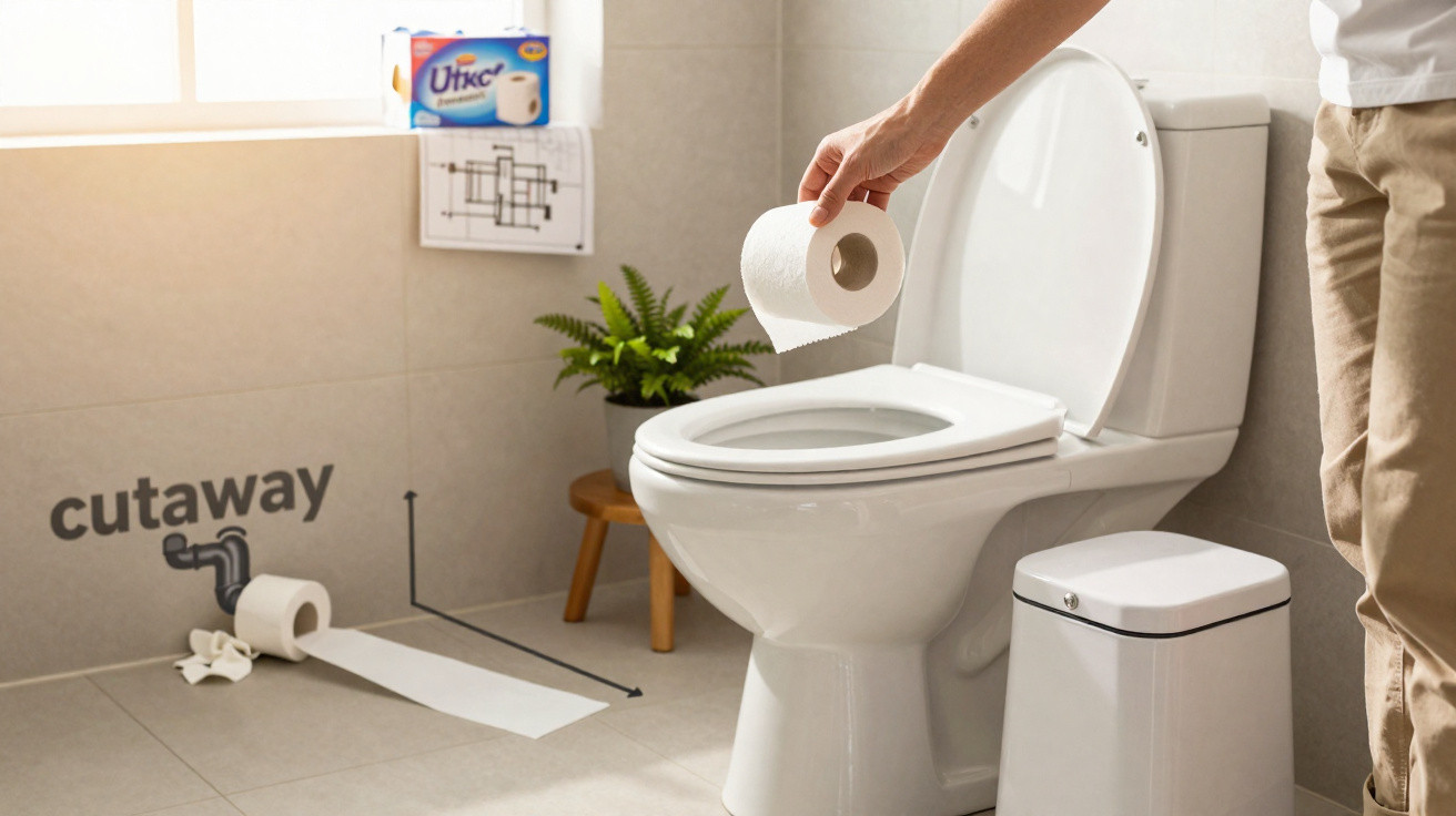 Banheiro moderno com vaso sanitário, pessoa segurando papel higiênico e pacote de papel na janela.