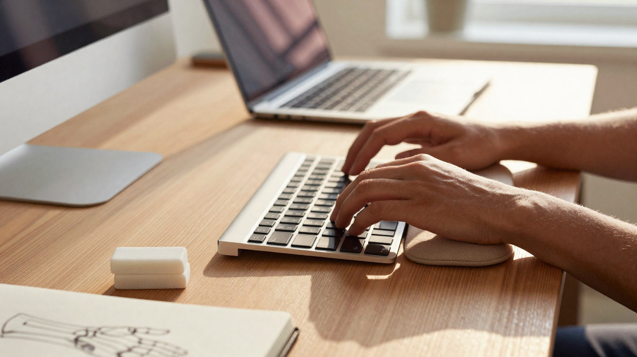 Mãos masculinas digitando em teclado compacto ao lado de laptop sobre mesa de madeira clara.