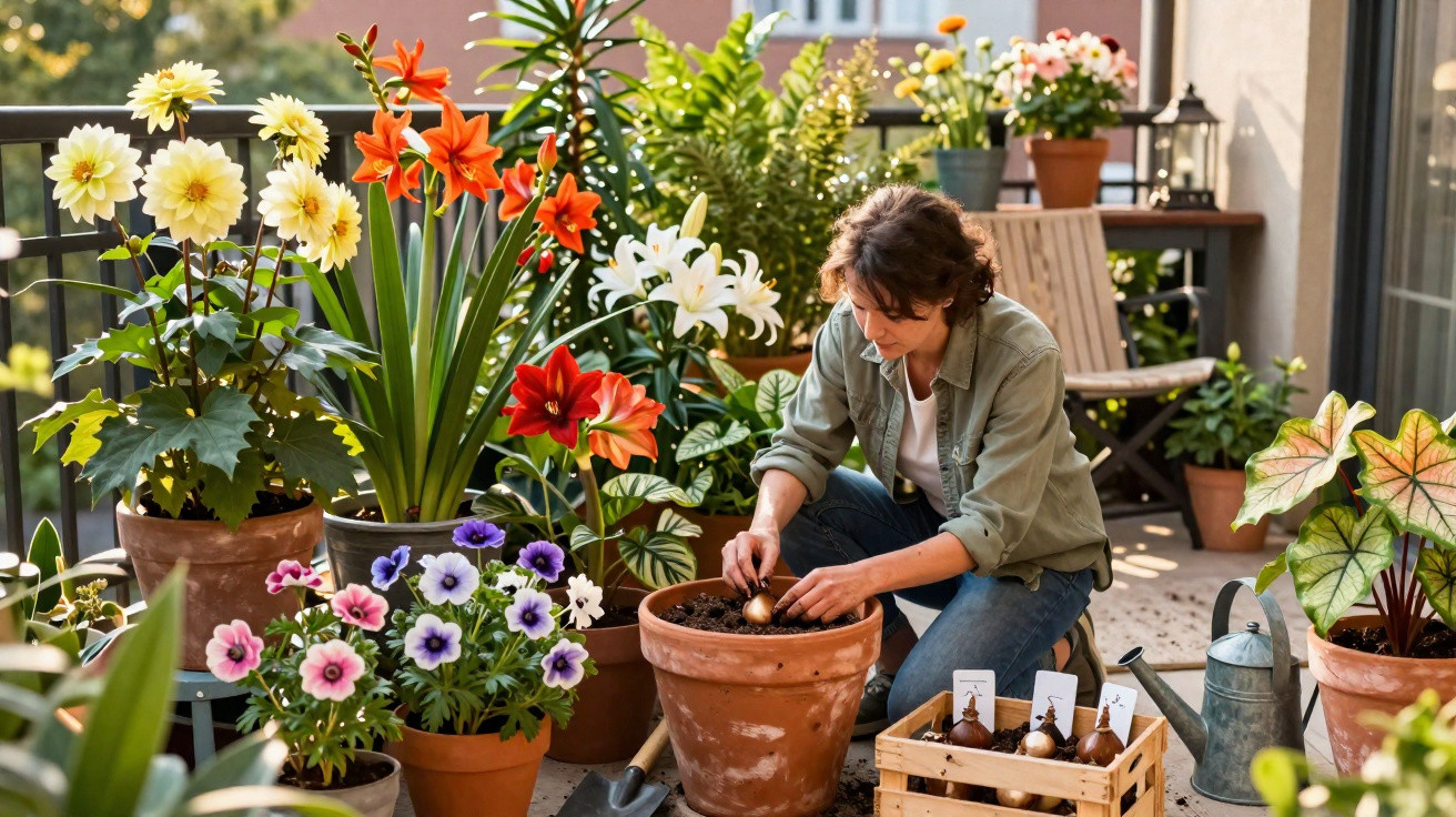 Mulher plantando bulbos em vaso rodeada por flores coloridas em varanda iluminada pelo sol.