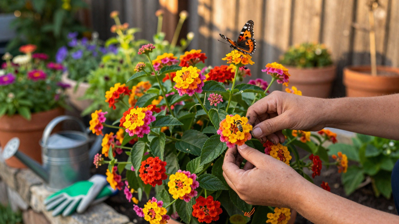 Mãos cuidando de flores coloridas com borboleta e abelha em jardim com regador e luvas ao fundo.