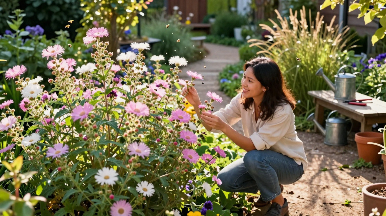 Mulher sorrindo cuidando de flores rosas e brancas em jardim ensolarado na tarde.