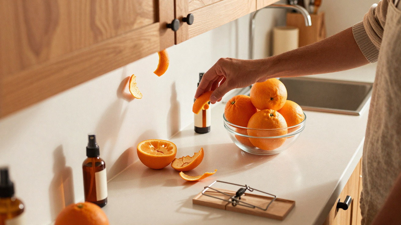 Mão segurando casca de laranja ao lado de tigela com laranjas em bancada clara de cozinha.