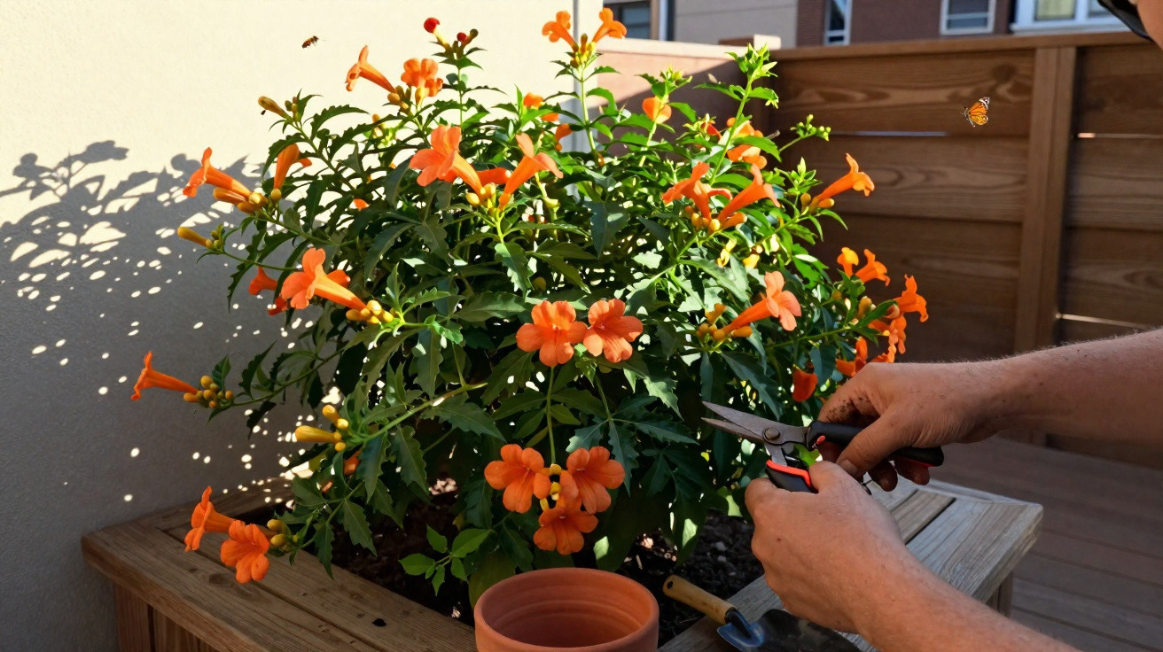Mãos podando arbusto com flores laranja em jardineira de madeira sob luz do sol.