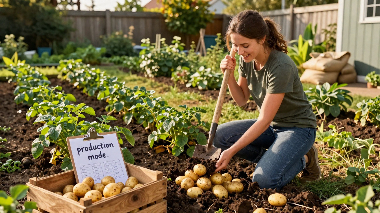 Mulher colhendo batatas em horta caseira ensolarada com caixa de madeira e planilha de produção.