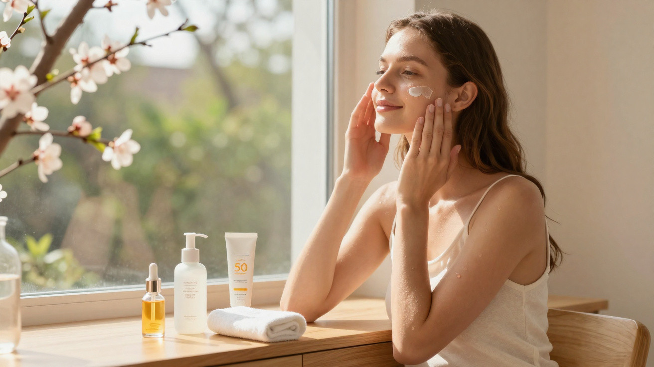 Mulher aplicando creme facial perto de janela com produtos de skincare e flores ao lado.