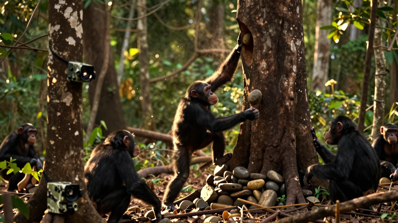 Capítulo de chimpanzés interagindo com pedras ao redor de uma árvore em floresta sob luz do sol.