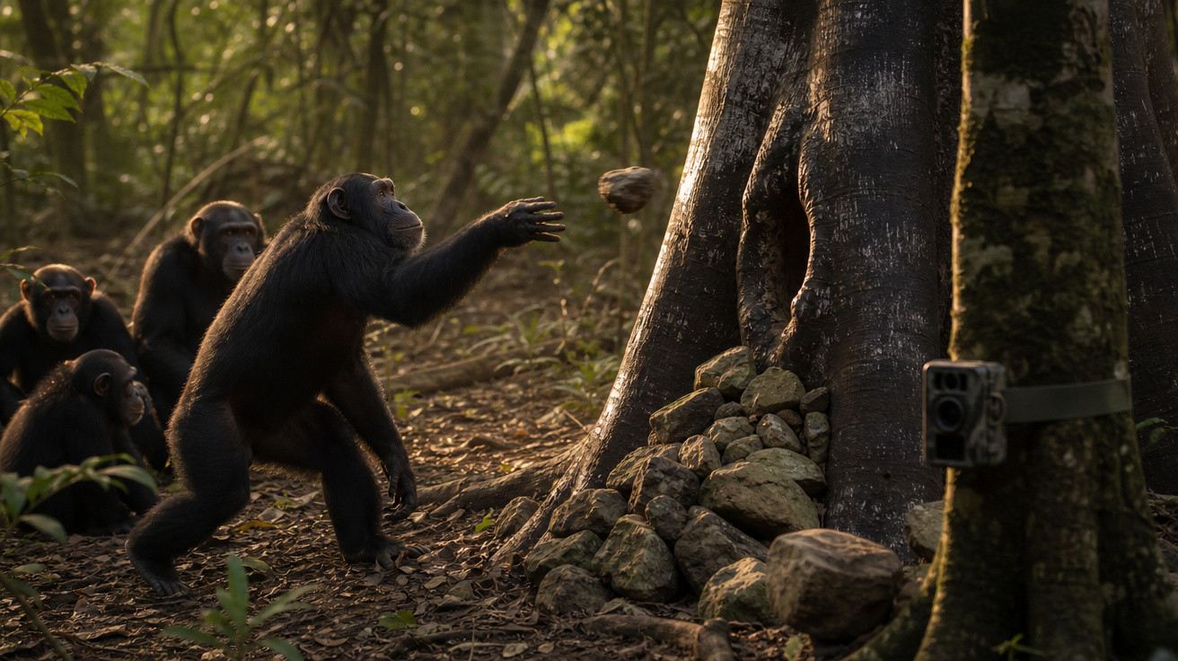 Chimpanzés interagem com pedras próximo a árvore em floresta iluminada pela luz do sol.