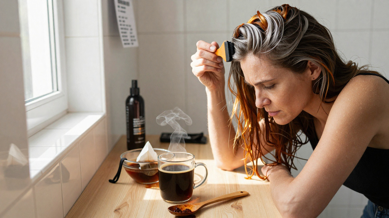 Mulher aplicando tintura no cabelo em casa, com xícara de café fumegante sobre a mesa ao lado.