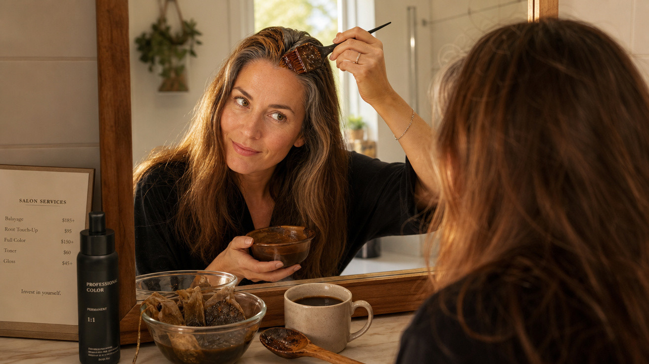 Mulher aplicando tinta no cabelo diante do espelho, com café e produtos de beleza na mesa.