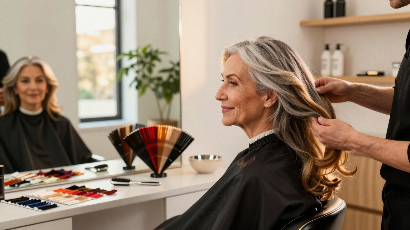 Mulher madura sentada no salão de beleza recebendo penteado de cabeleireiro em frente ao espelho.