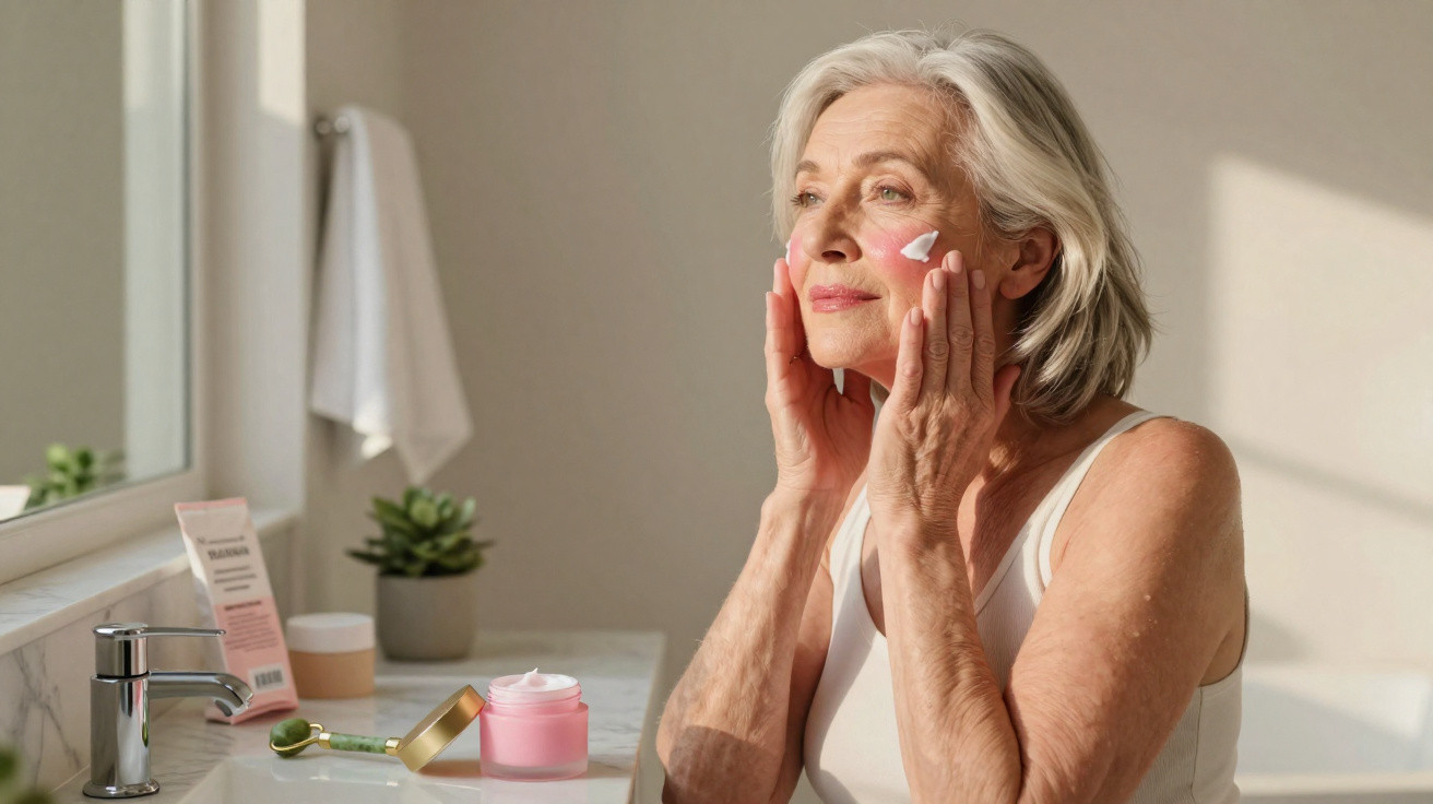 Mulher idosa aplicando creme no rosto em banheiro iluminado pela luz natural.