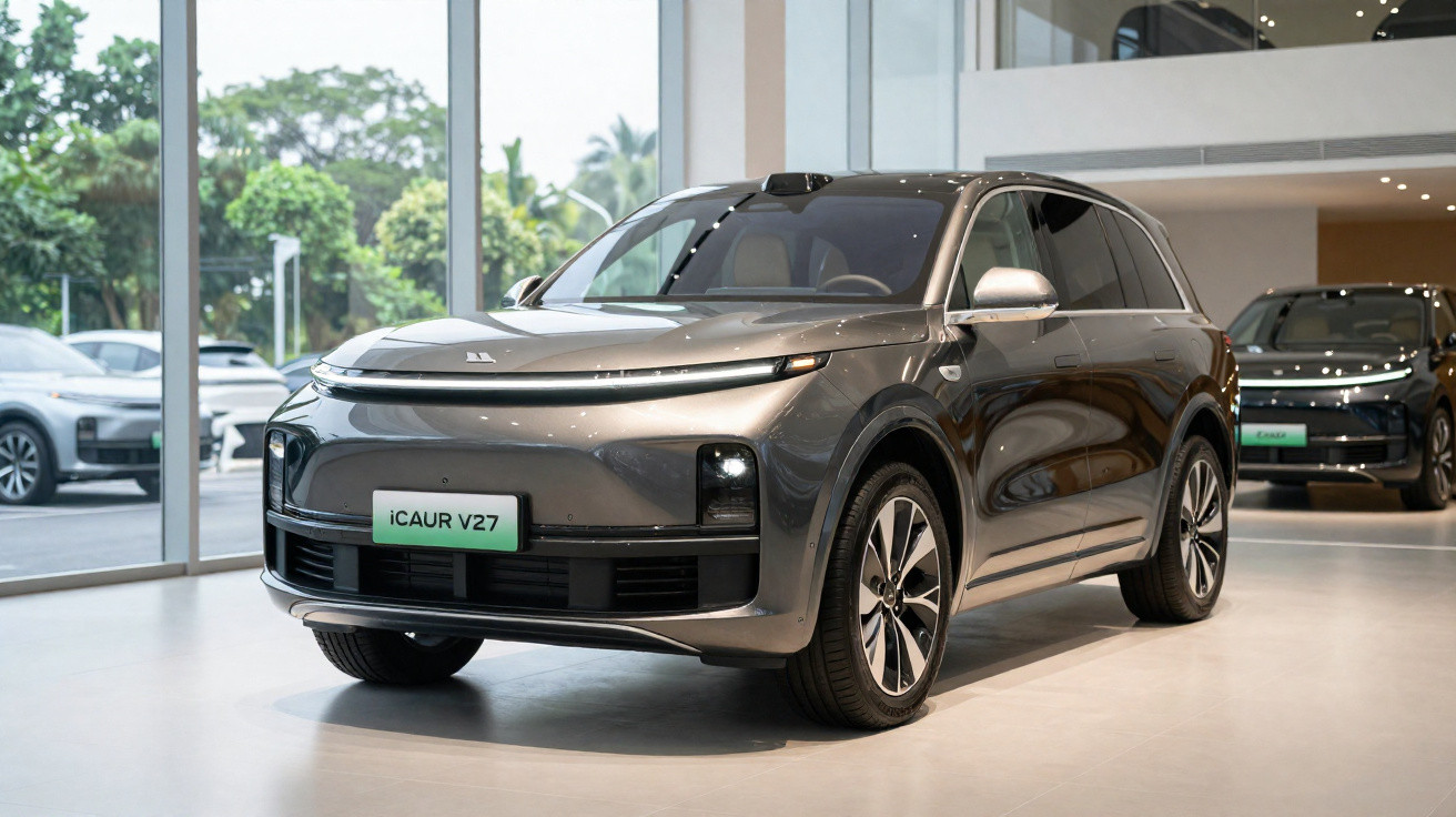 Carro elétrico cinza iCAUR V27 exposto em showroom com ambiente iluminado e outras viaturas ao fundo.