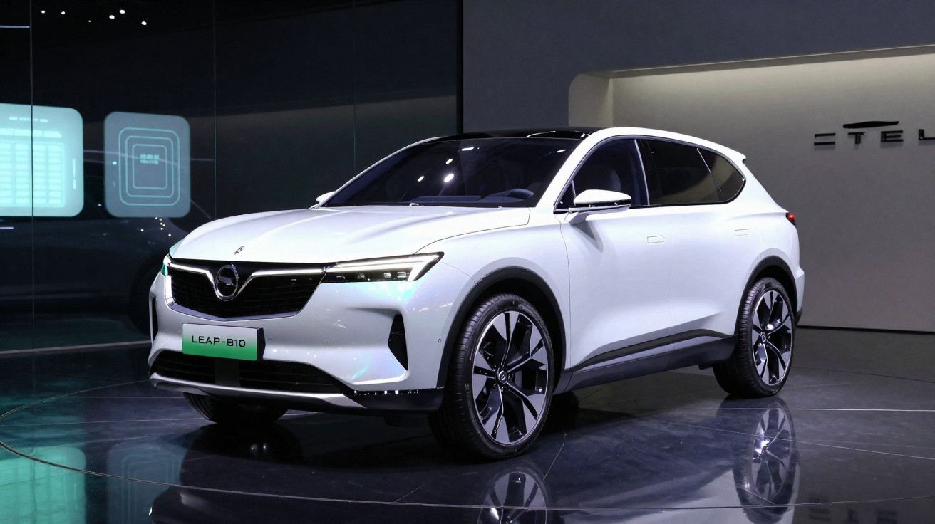 Carro SUV elétrico branco Leap-B10 exibido em estande moderno com iluminação azul e reflexos no piso.