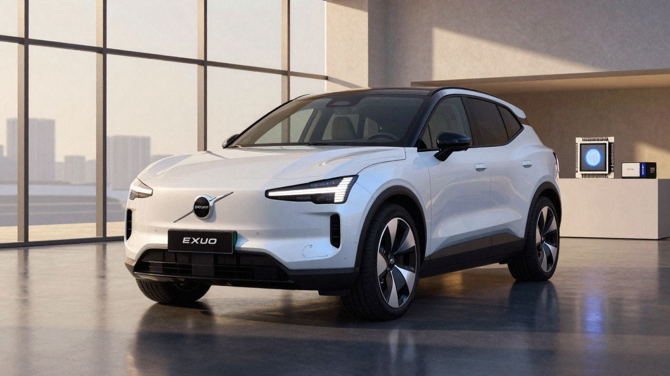 Carro SUV elétrico branco estacionado em ambiente interno com janelas amplas e luz natural.