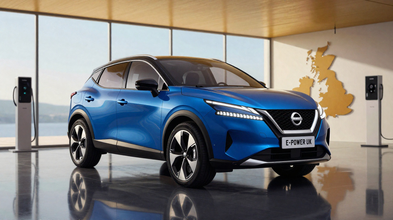 Carro elétrico azul da Nissan estacionado em ambiente interno com pontos de carregamento ao fundo.