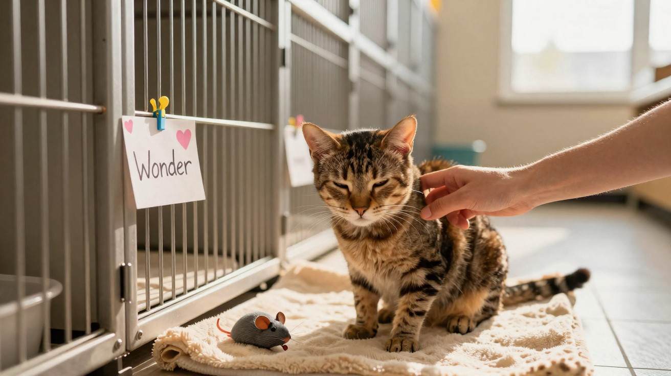 Gato malhado sendo acariciado ao lado de brinquedo de rato em abrigo com gaiola e placa escrita "Wonder"