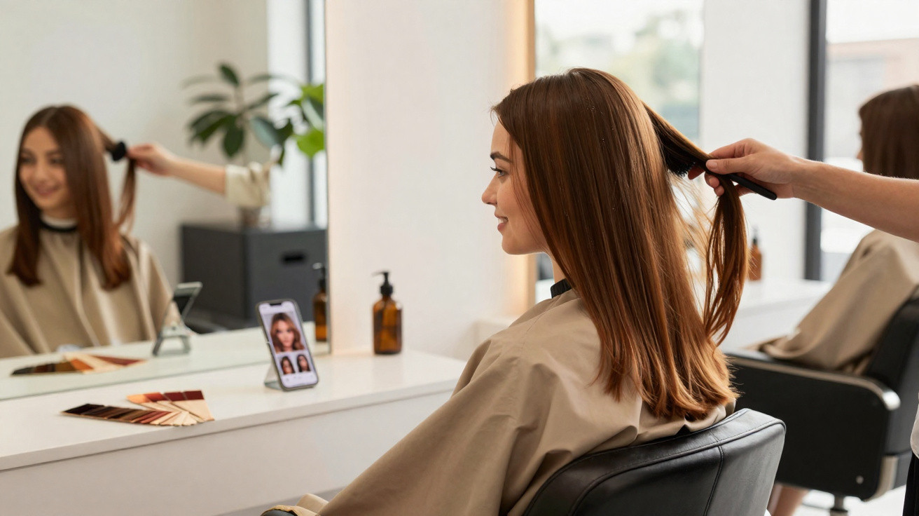 Mulher sorridente sentada em salão de cabeleireiro tendo o cabelo penteado por cabeleireiro.