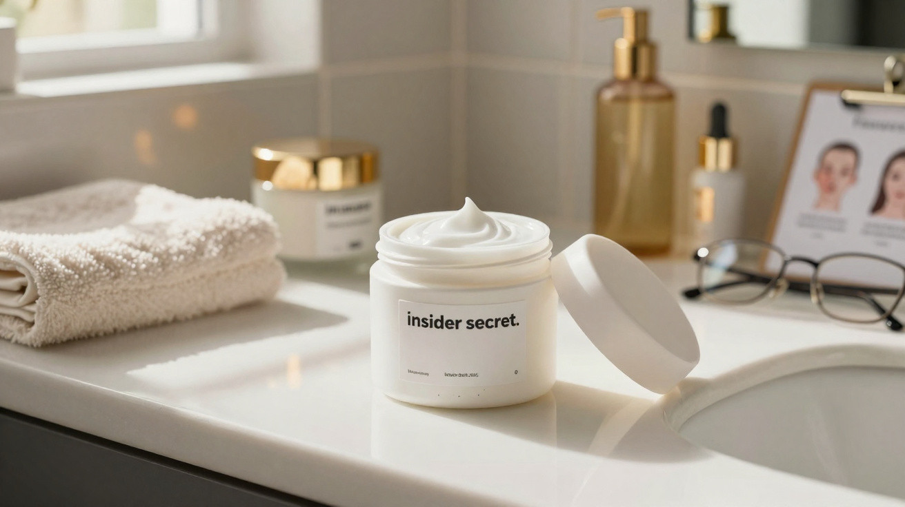 Pote aberto de creme facial Insider Secret sobre bancada de banheiro com toalha, óculos e frascos ao fundo.