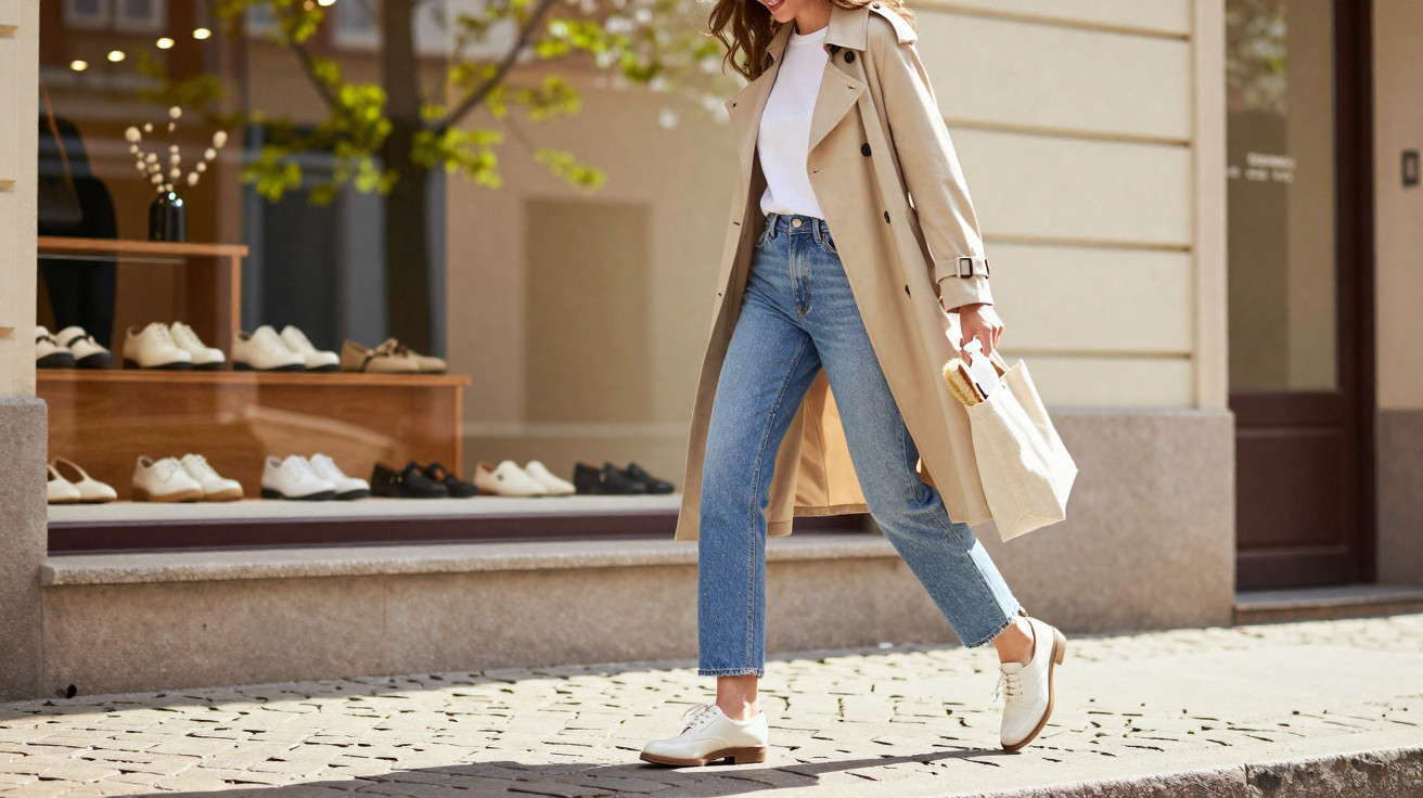 Mulher caminhando com trench coat bege, jeans, camiseta branca, sapatos brancos e bolsa de pano na rua.